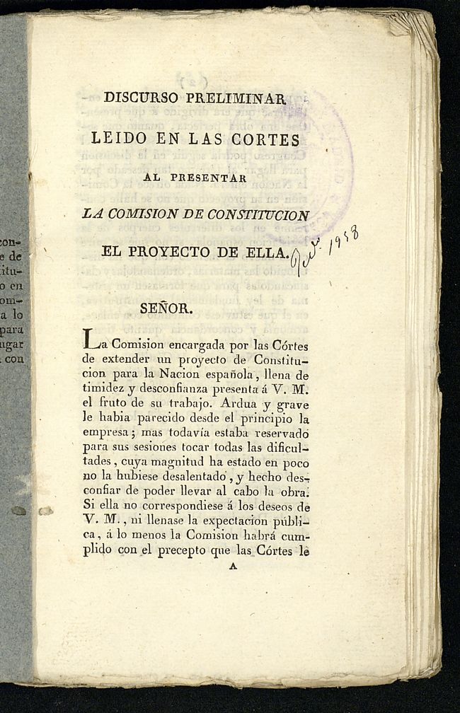 Discurso preliminar leído en las Cortes al presentar la Comisión de Constitución el proyecto de ella 